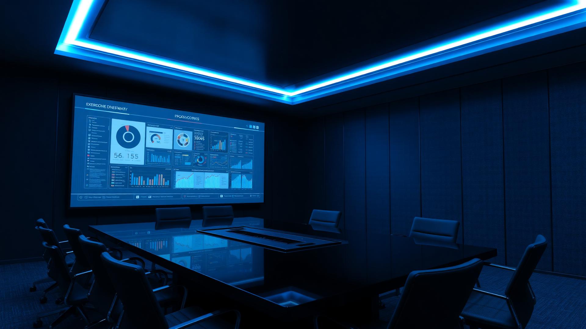 Sala de reunião corporativa com painel audiovisual MegaMax